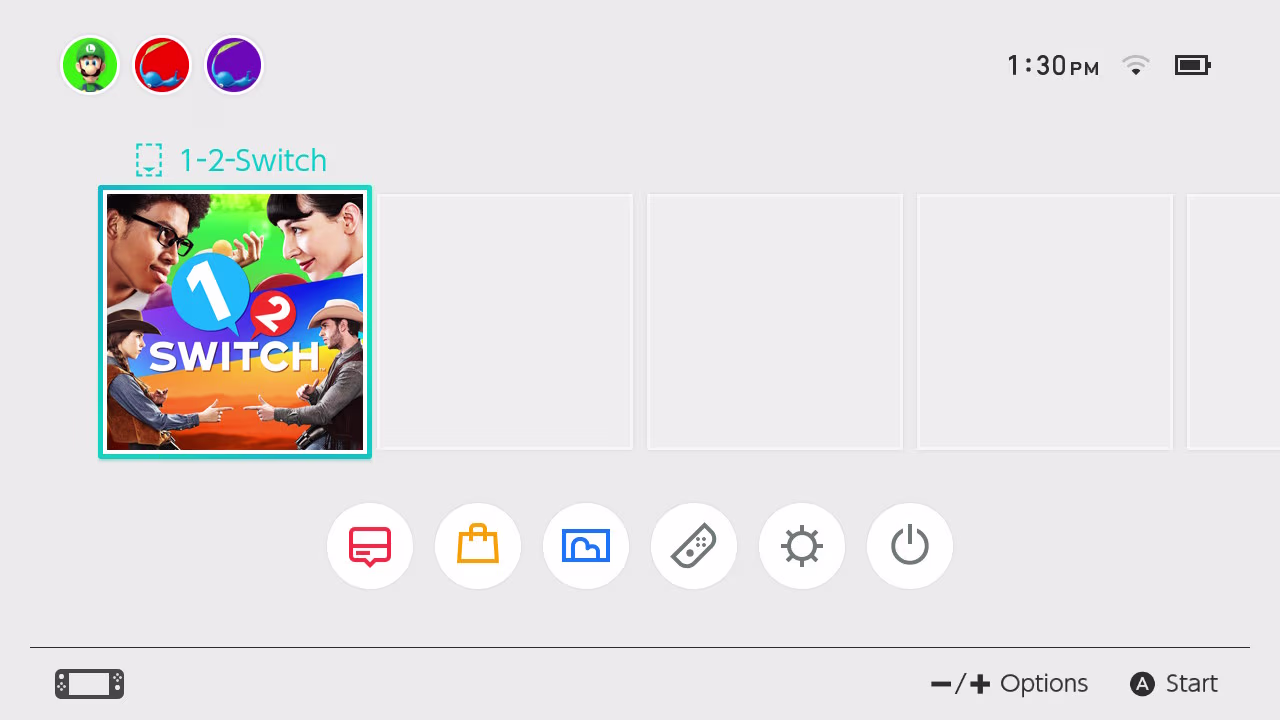 A screenshot of the old Nintendo Switch 1 home menu. It's the same, without the rounded corners on the icons.